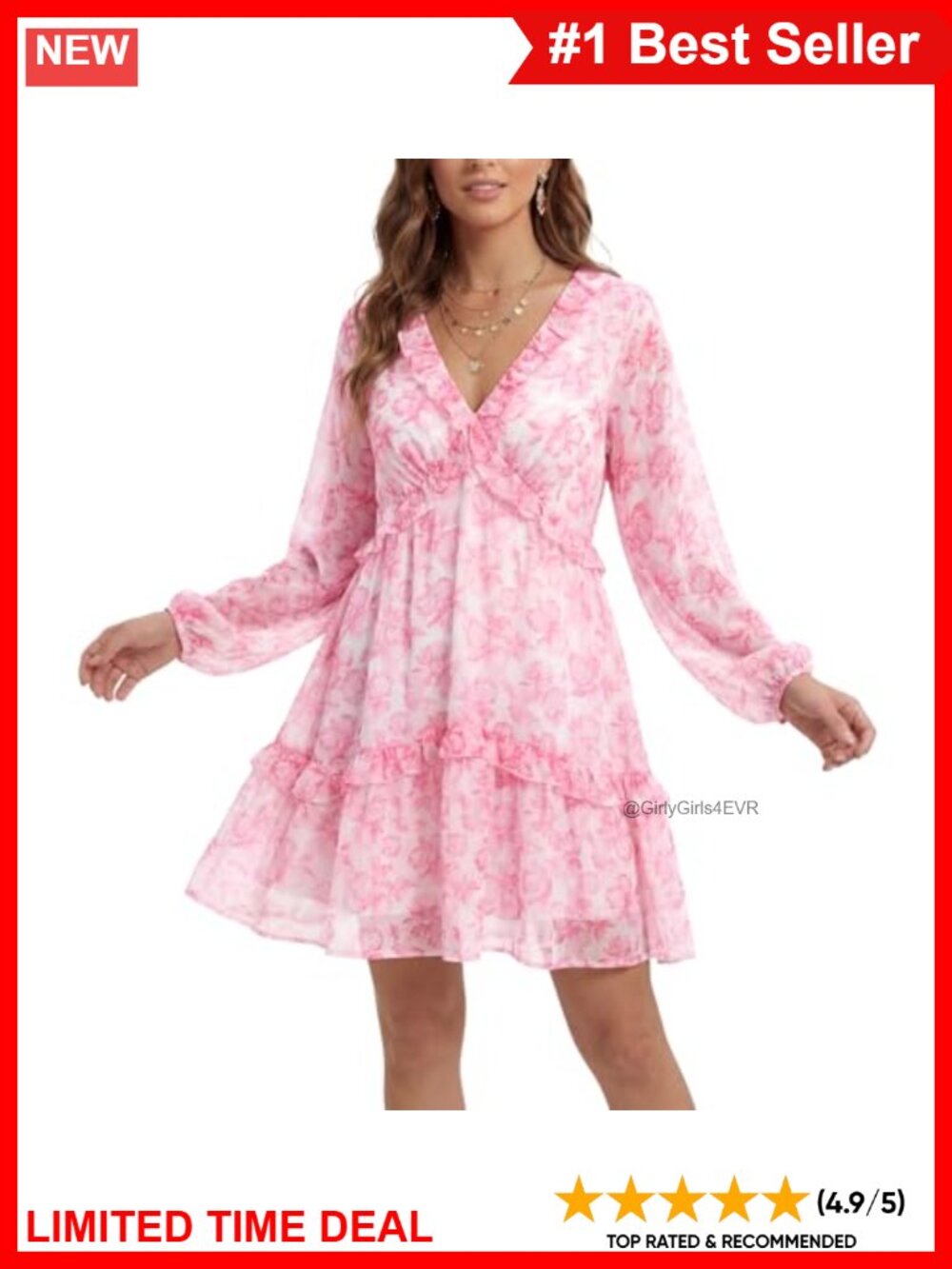 Chiffon Floral Midi Dress Long Sleeve V-Neck Ruffle A-Line Casual
